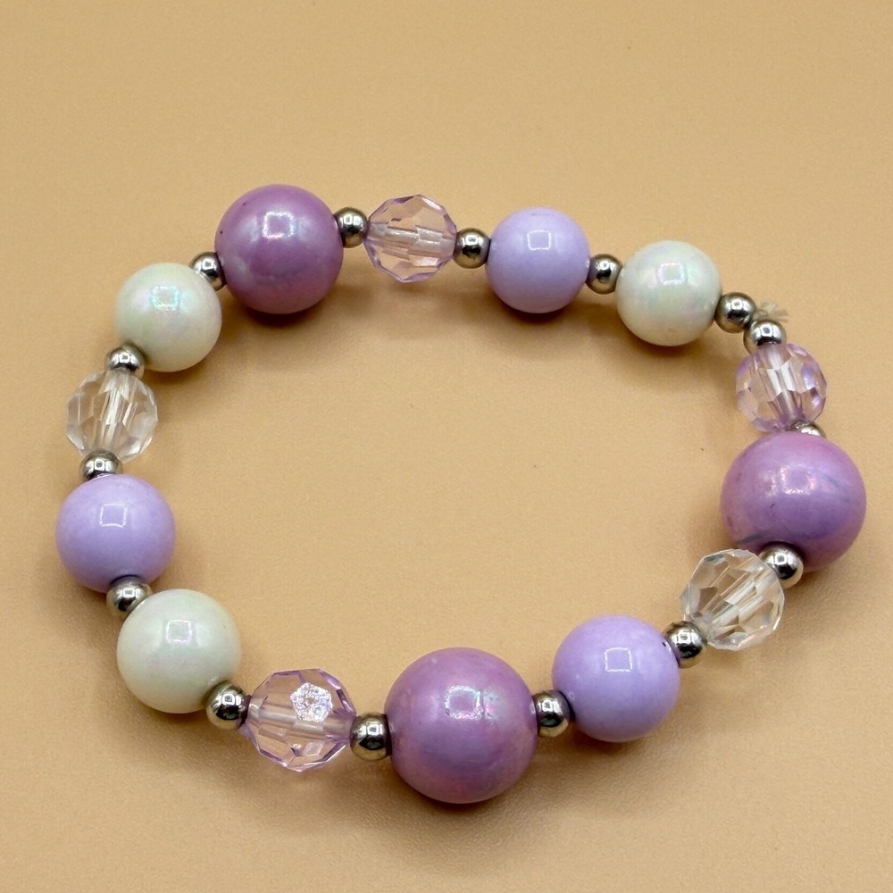 Purple Lavender Beaded Stretch Bracelet Faceted Beads Coquette Statement Gift